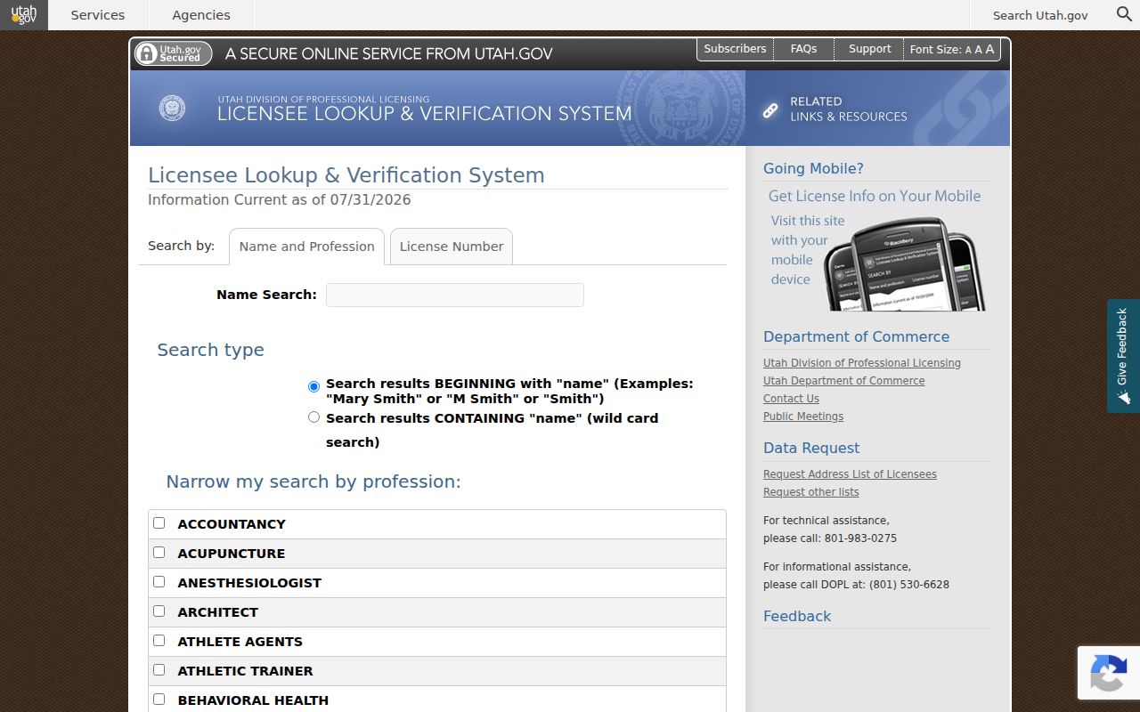 Sandy people search with Utah professional license fields