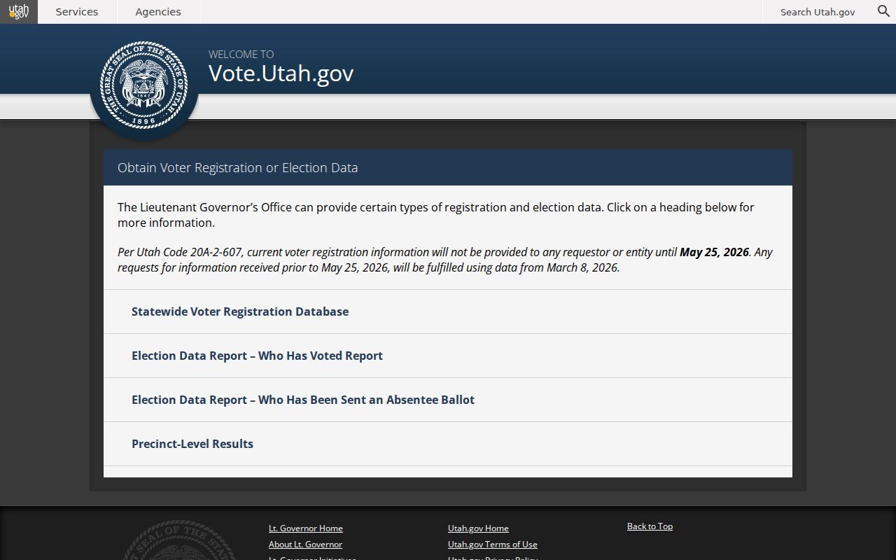 Sandy voter registration data request options on Utah election website
